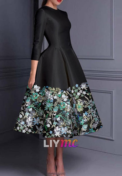 Floral Embroidered A-Line Cocktail Elegant Dress Formal Wedding Crew Neck Satin