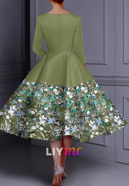 Floral Embroidered A-Line Cocktail Elegant Dress Formal Wedding Crew Neck Satin