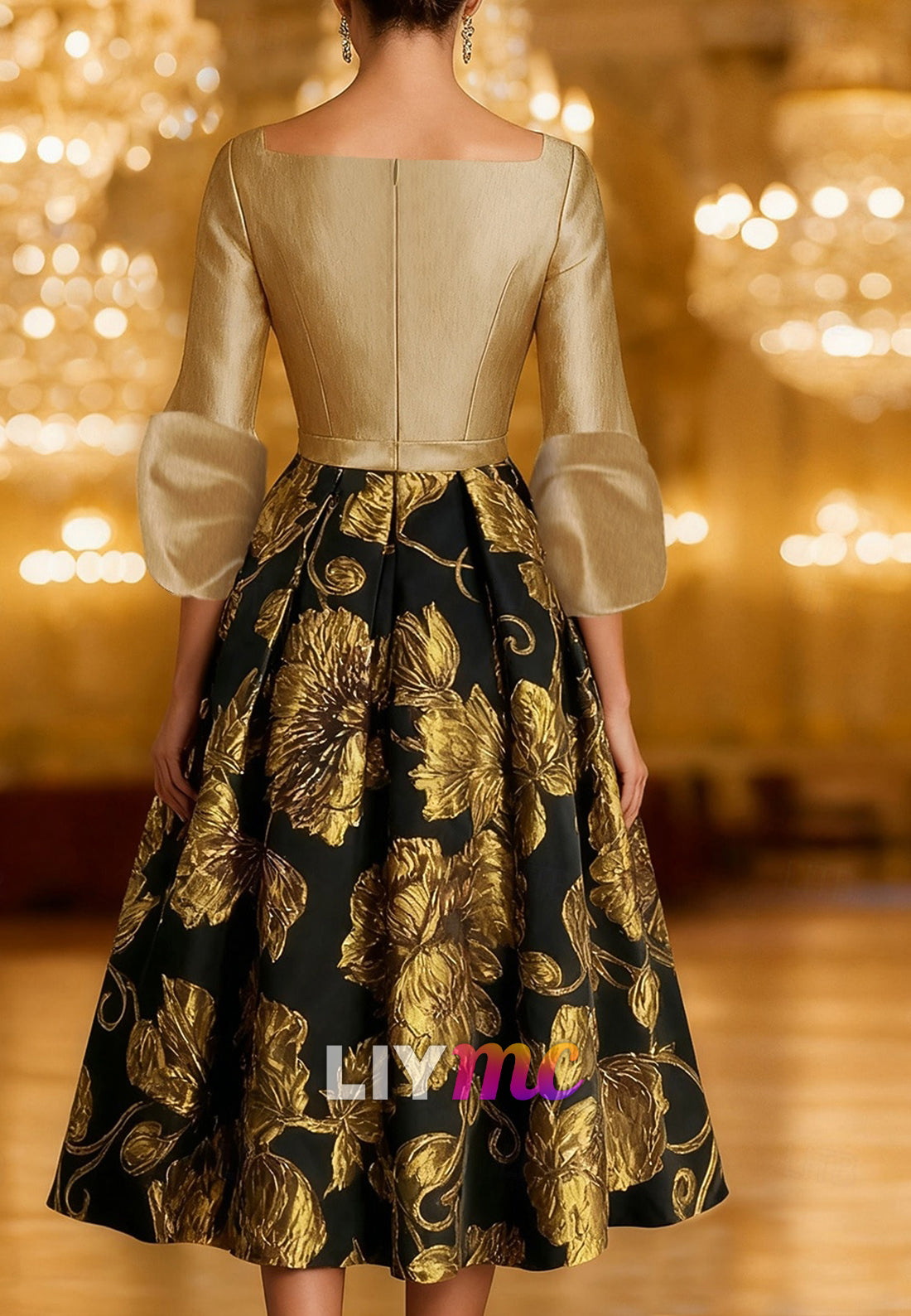 Floral Jacquard A-Line Cocktail Dresses Elegant Formal Dress Formal Wedding V Neck Taffeta with Bow