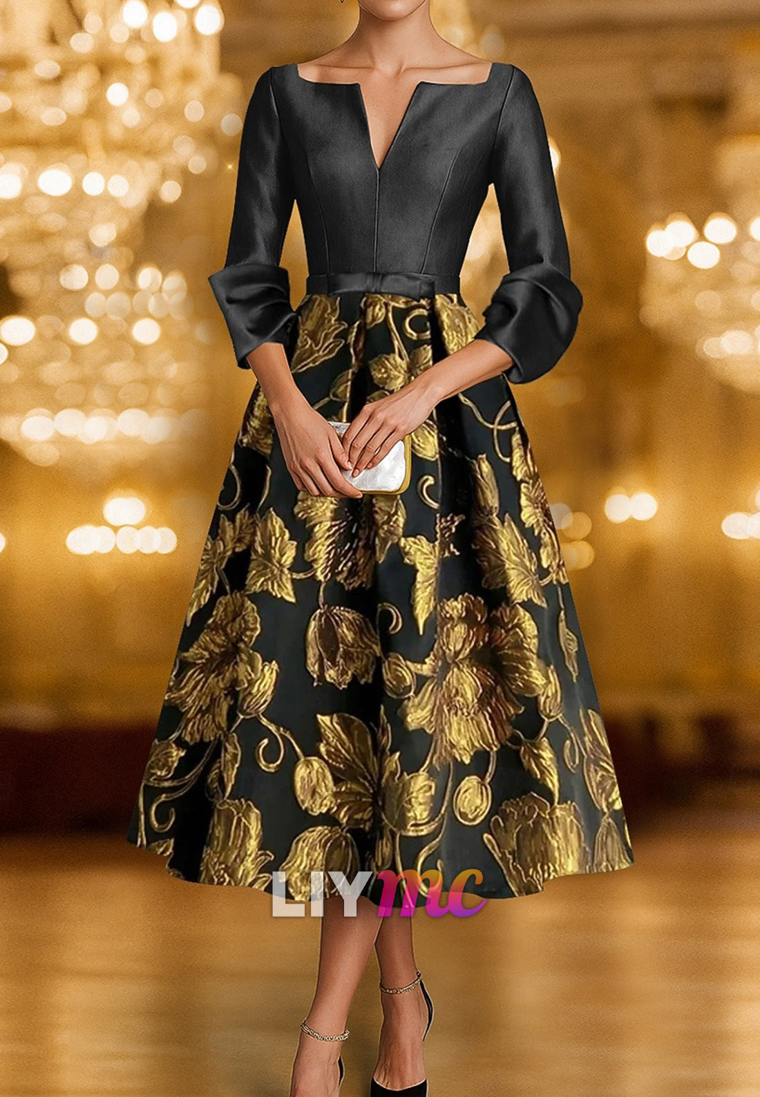 Floral Jacquard A-Line Cocktail Dresses Elegant Formal Dress Formal Wedding V Neck Taffeta with Bow