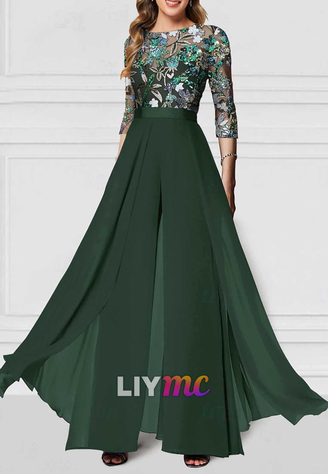 Floral Jumpsuit Embroidered Mother of the Bride  Formal Wedding Elegant Vintage Illusion Neck Floor Length Chiffon