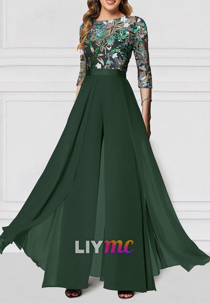 Floral Jumpsuit Embroidered Mother of the Bride  Formal Wedding Elegant Vintage Illusion Neck Floor Length Chiffon