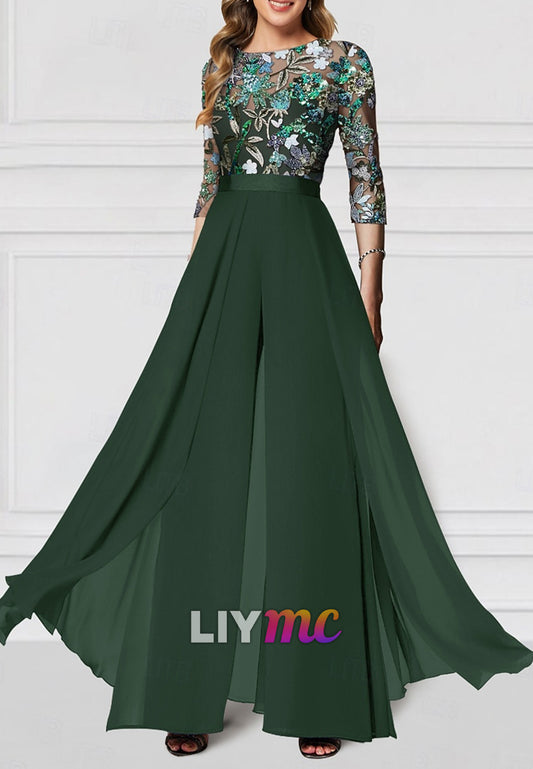 Floral Jumpsuit Embroidered Mother of the Bride  Formal Wedding Elegant Vintage Illusion Neck Floor Length Chiffon