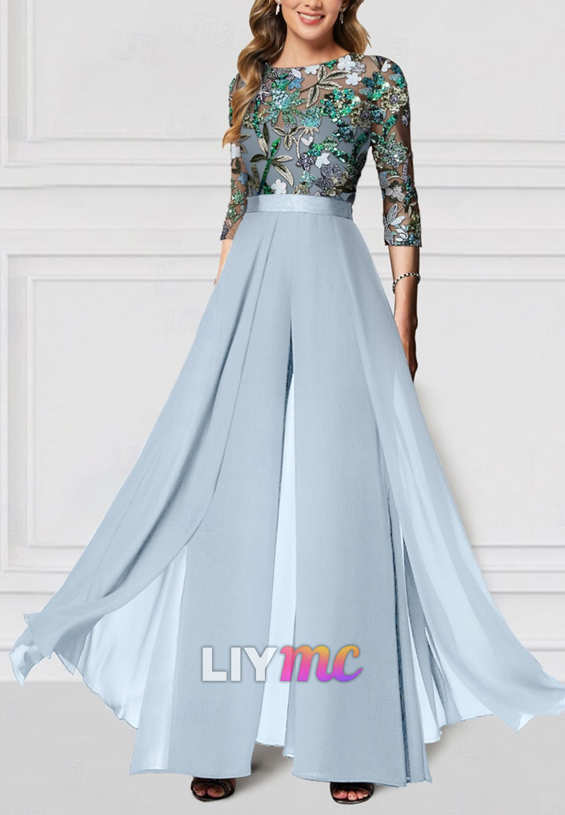 Floral Jumpsuit Embroidered Mother of the Bride  Formal Wedding Elegant Vintage Illusion Neck Floor Length Chiffon