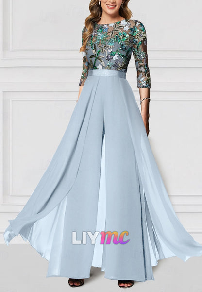 Floral Jumpsuit Embroidered Mother of the Bride  Formal Wedding Elegant Vintage Illusion Neck Floor Length Chiffon