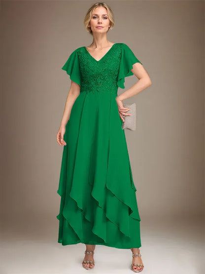 A-line V-Neck Ankle-Length Lace Chiffon Mother of the Bride Dress With Cascading Ruffles