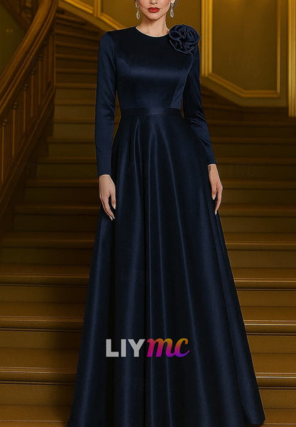 Formal Dress Formal Wedding Floor Length Long Sleeve Crew Neck Stretch Satin with Shouder Flower