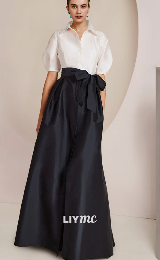 M1041 - Formal Wedding Guest Elegant Party Shirt Collar Floor Length Taffeta Short Sleeve with Bow