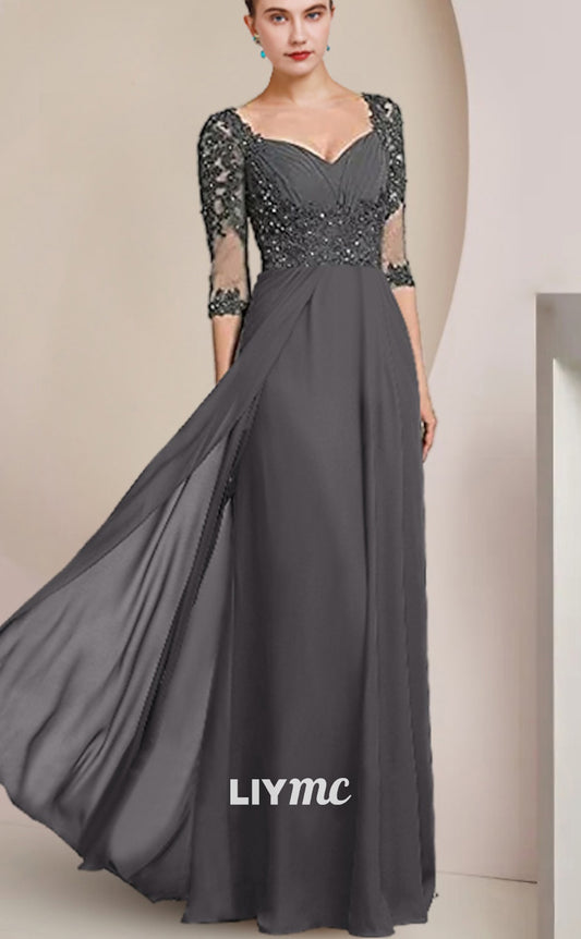 M1052 - Formal Wedding Guest Elegant Square Neck Floor Length Chiffon Lace 34 Length Sleeve with Sequin Appliques