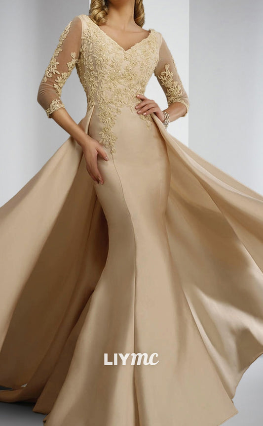 M1050 - Formal Wedding Guest Elegant V Neck Floor Length Satin Lace 34 Length Sleeve with Appliques