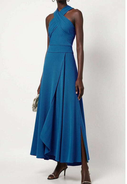 Wedding Guest Evening Cross Halter Neck Slit Long Dress