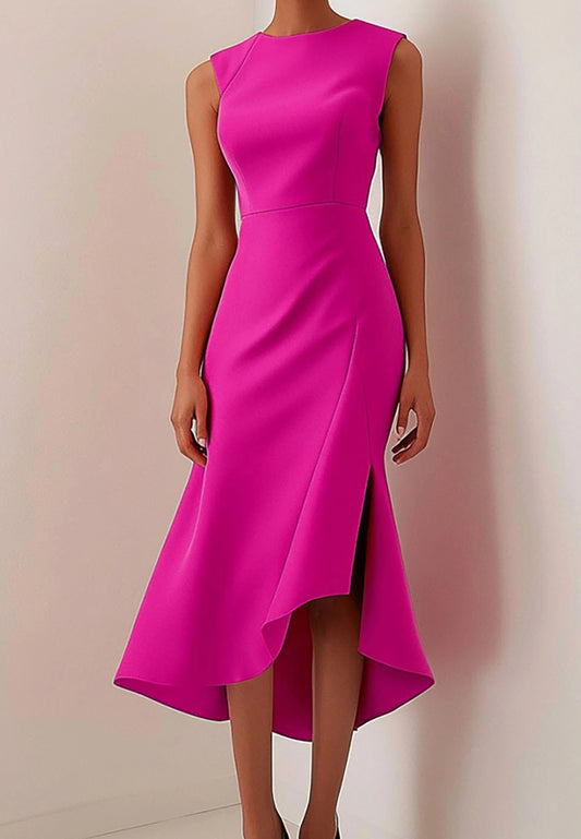 Daily Party Dress Rose Red Round Neck Slit Sleeveless Midi Dress