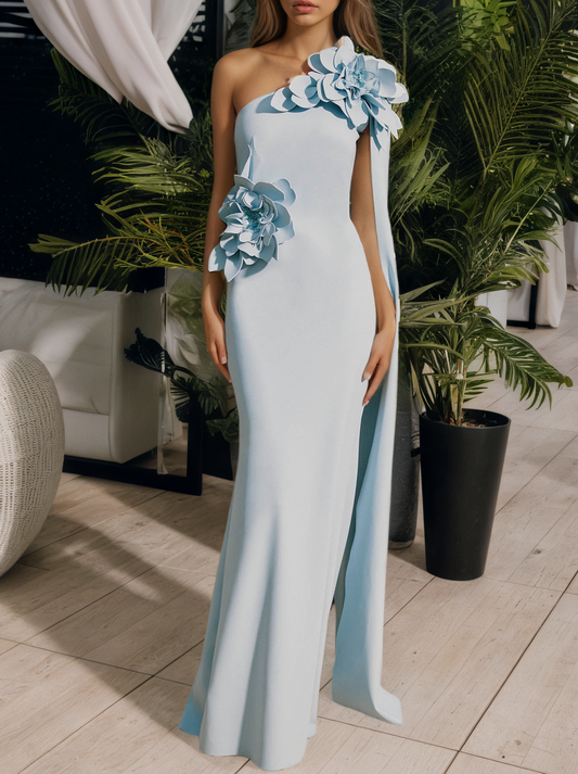 Sky Blue One-Shoulder Formal Gown with Applique Flowers
