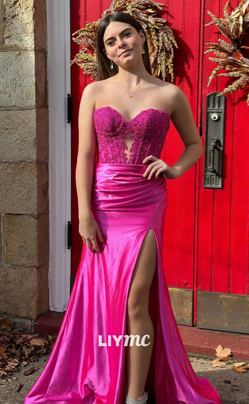 LP779 - Plunging V neck Appliques Pink Mermaid Formal Prom Dress with Slit