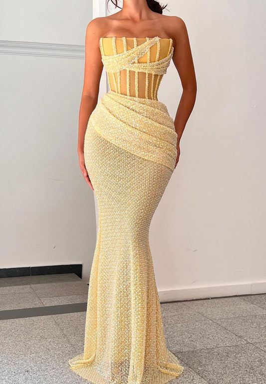 Strapless Straight Across Ruched Mermaid Prom Dress