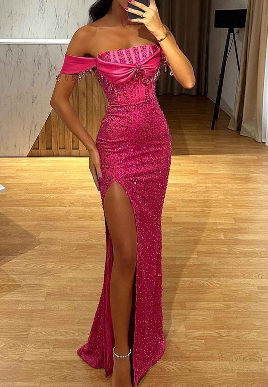 Off-Shoulder Strapless Appliques Beaded Mermaid Prom Dress