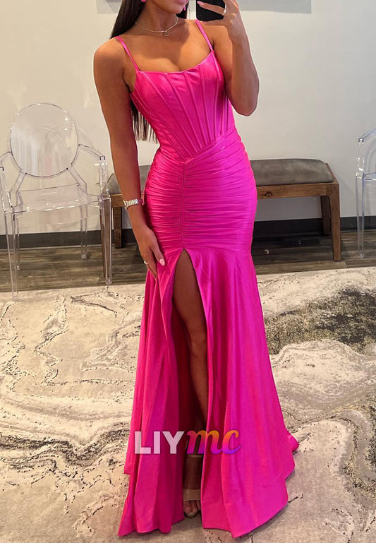 Scoop Spaghetti Straps Ruched High Slit Mermaid Prom Dress