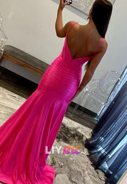 Scoop Spaghetti Straps Ruched High Slit Mermaid Prom Dress