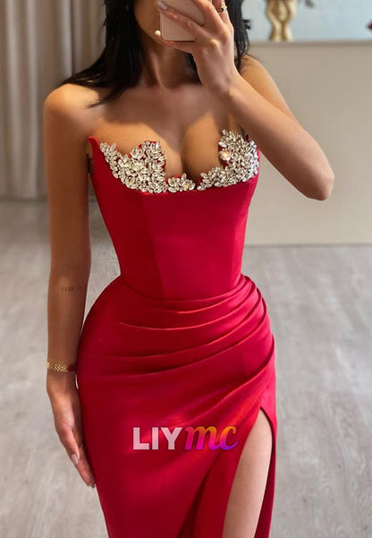 Sweetheart Sleeveless Beaded Ruched High Slit Prom Dress