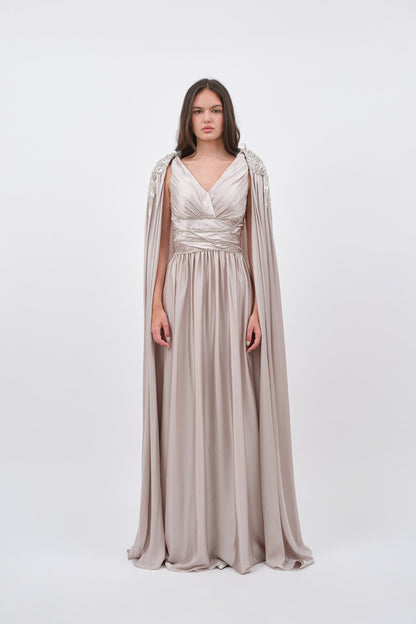 V-Neck Long Sleeves Pleated A-Line Evening Dress