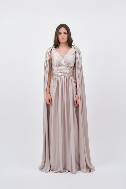 V-Neck Long Sleeves Pleated A-Line Evening Dress