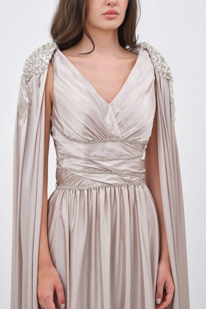 V-Neck Long Sleeves Pleated A-Line Evening Dress