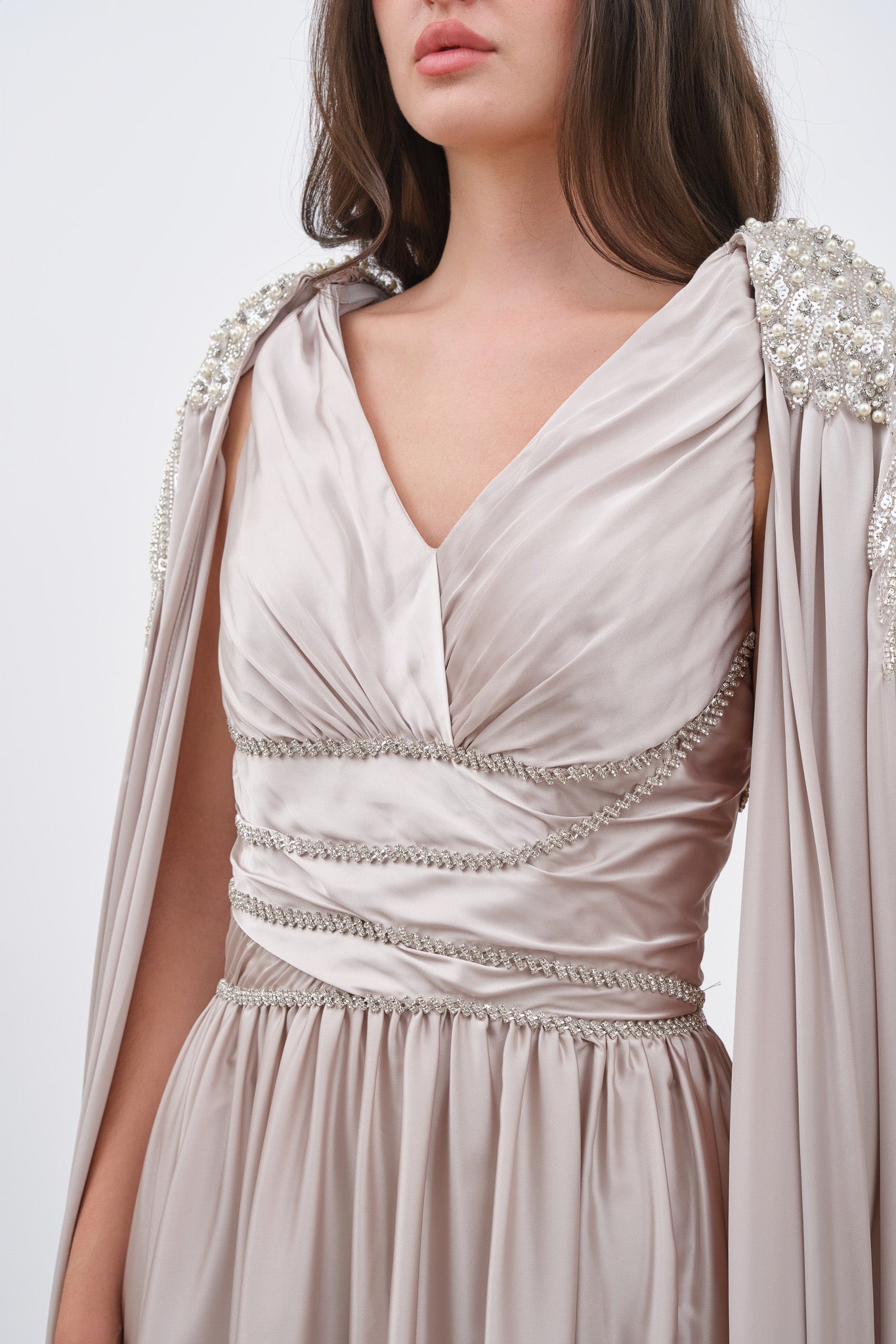 V-Neck Long Sleeves Pleated A-Line Evening Dress