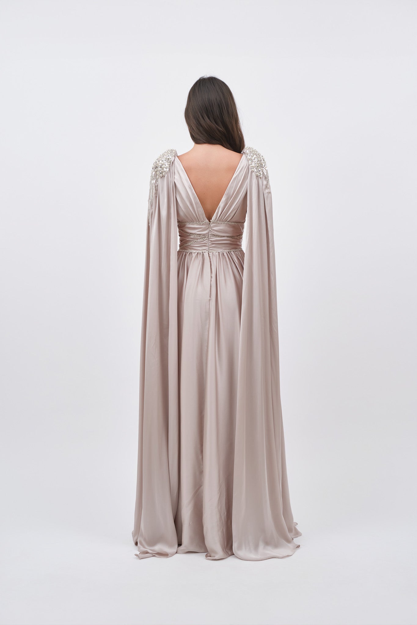 V-Neck Long Sleeves Pleated A-Line Evening Dress