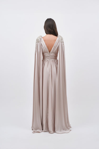 V-Neck Long Sleeves Pleated A-Line Evening Dress