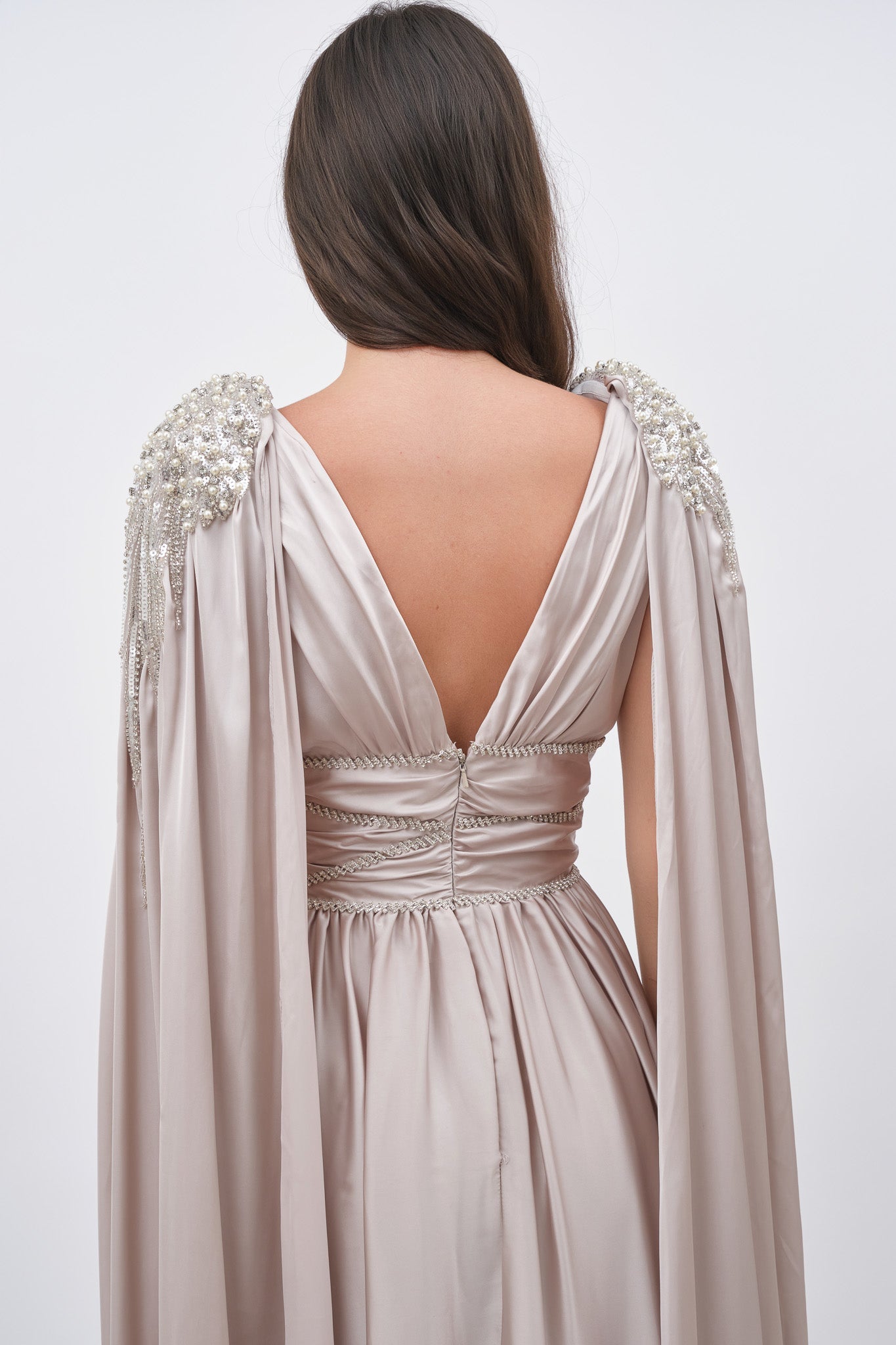 V-Neck Long Sleeves Pleated A-Line Evening Dress