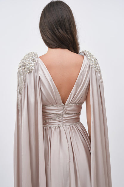 V-Neck Long Sleeves Pleated A-Line Evening Dress