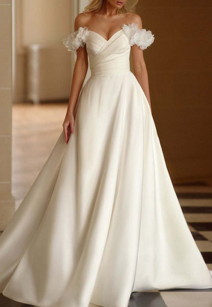Off-Shoulder Pleated Satin Sleek Sleeveless A-Line Wedding Dress