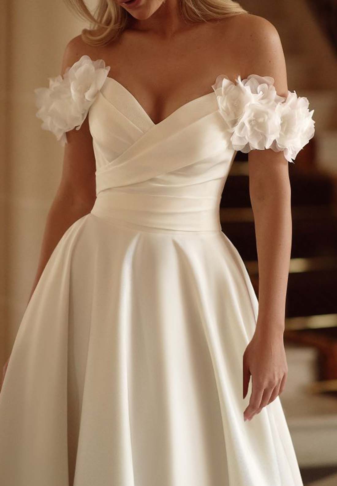 Off-Shoulder Pleated Satin Sleek Sleeveless A-Line Wedding Dress