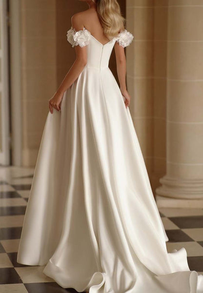 Off-Shoulder Pleated Satin Sleek Sleeveless A-Line Wedding Dress