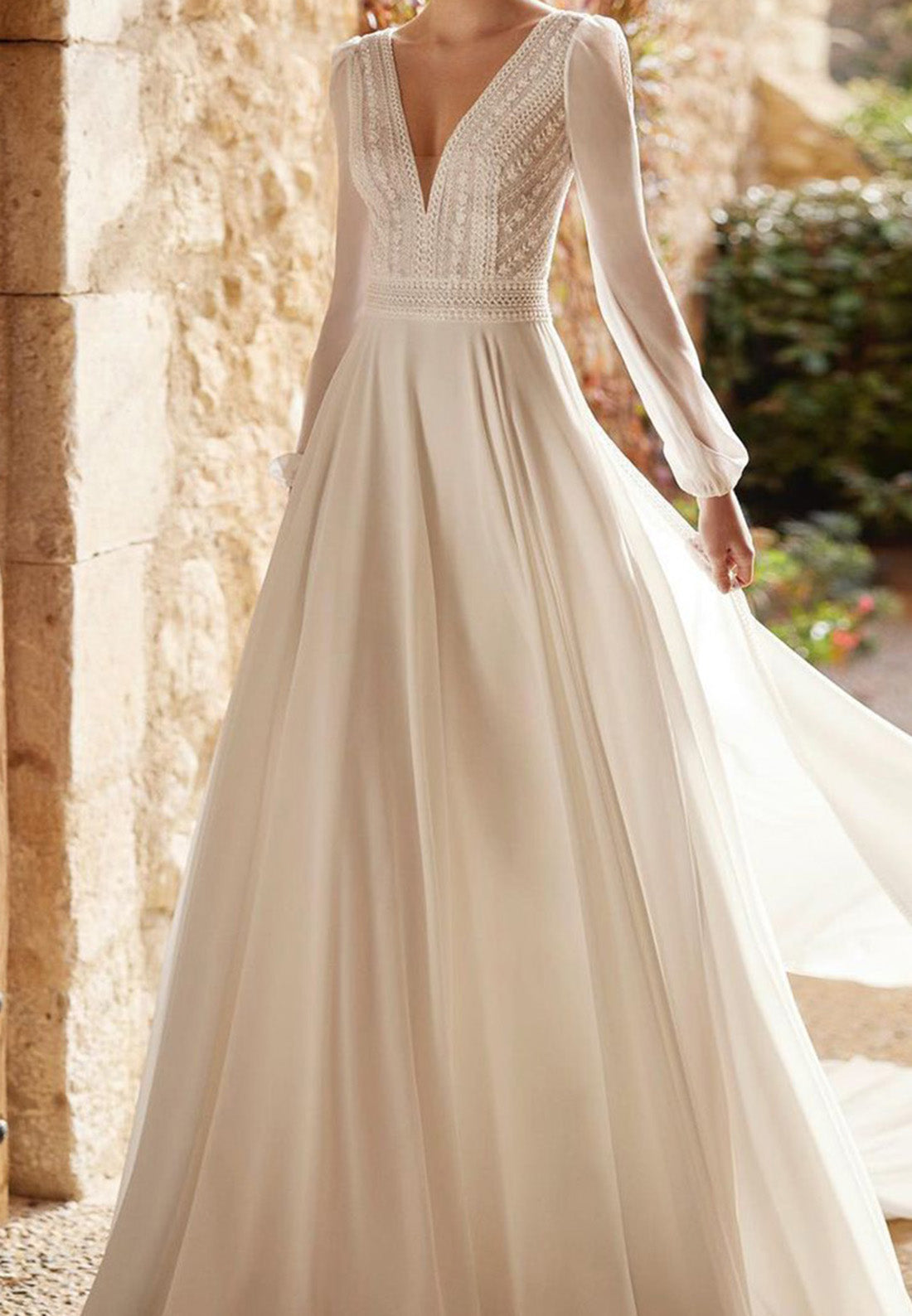 V-Neck Long Sleeves Chiffon A-Line Boho Wedding Dress