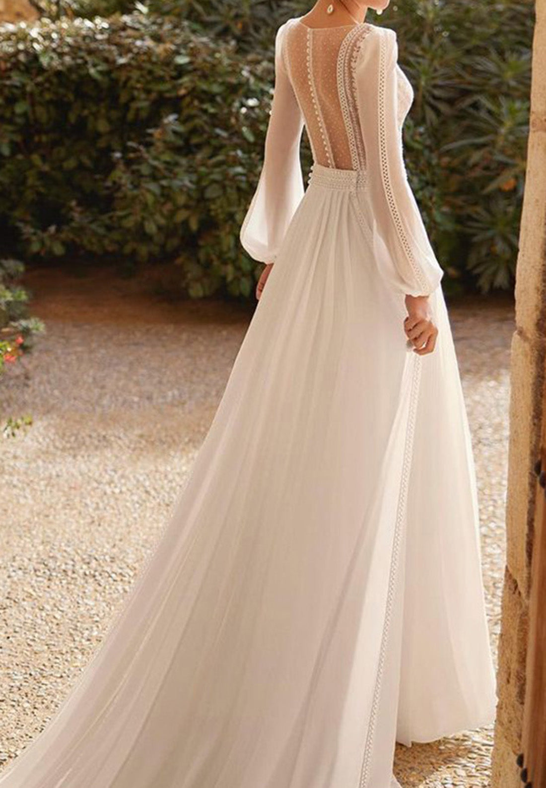 V-Neck Long Sleeves Chiffon A-Line Boho Wedding Dress