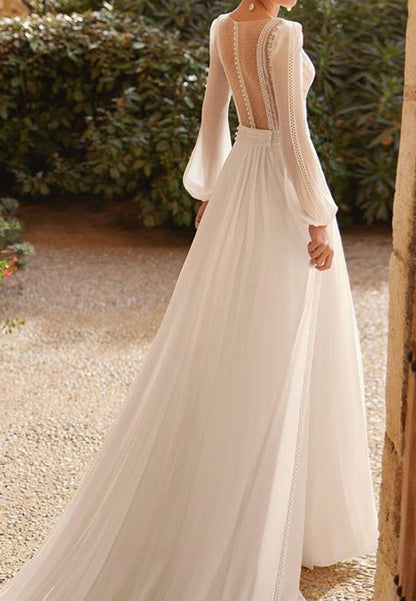 V-Neck Long Sleeves Chiffon A-Line Boho Wedding Dress