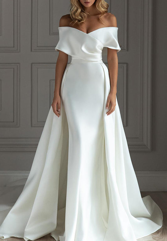 LW512 - Sheath Off Shoulder Draped Floor-Length Boho Wedding Dress with Overlay
