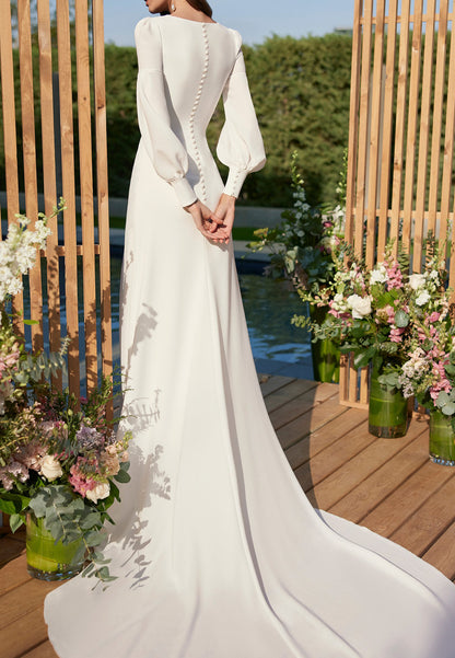 Square Long Sleeves Ruched High Slit Sheath Beach Wedding Dress