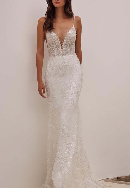V-Neck Spaghetti Straps Appliques Sparkly Mermaid Beach Wedding Dress