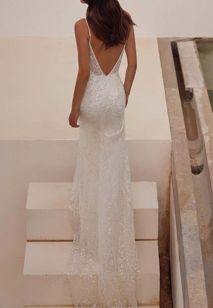 V-Neck Spaghetti Straps Appliques Sparkly Mermaid Beach Wedding Dress