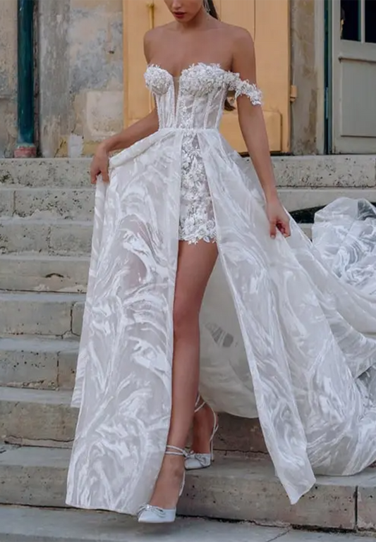 Off-Shoulder Sleeveless Floral Appliques High Slit A-Line Beach Wedding Dress