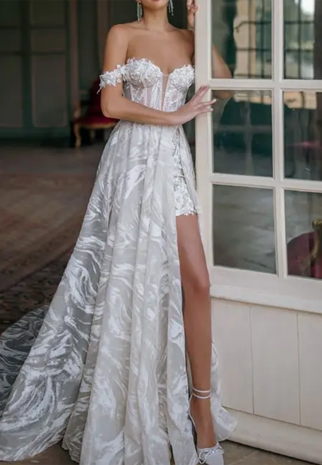 Off-Shoulder Sleeveless Floral Appliques High Slit A-Line Beach Wedding Dress