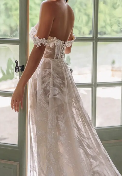 Off-Shoulder Sleeveless Floral Appliques High Slit A-Line Beach Wedding Dress