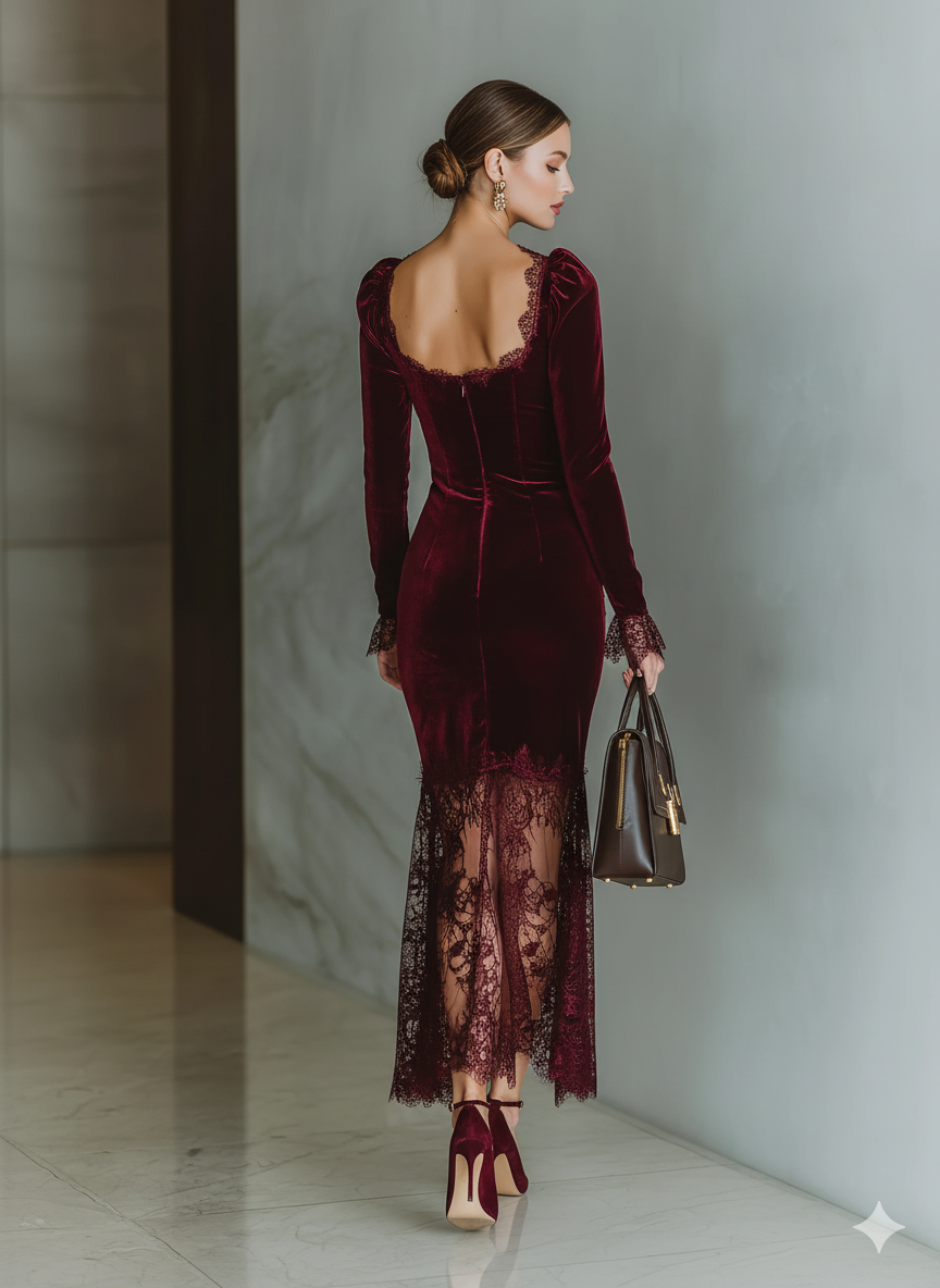 Women's Burgundy Velvet Lace Fitted Maxi Dress