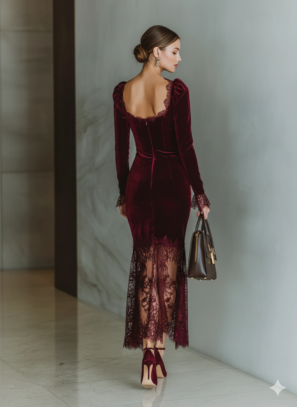 Women's Burgundy Velvet Lace Fitted Maxi Dress