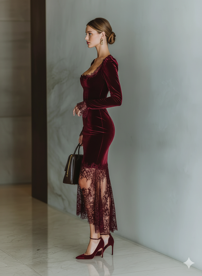 Women's Burgundy Velvet Lace Fitted Maxi Dress