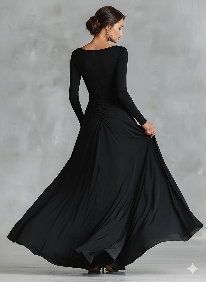 Women's Black Modern Crepe Ruched Boat - Neck Maxi Dress