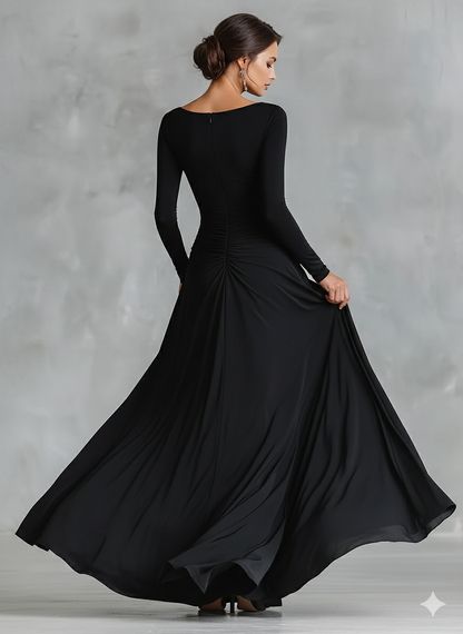 Women's Black Modern Crepe Ruched Boat - Neck Maxi Dress
