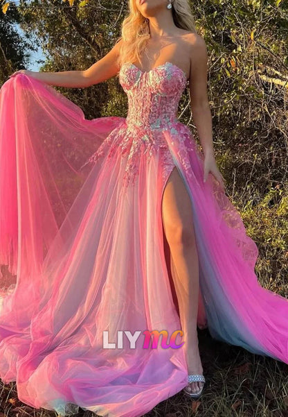 A-line Sweetheart Applique Lace Long Prom Dress with Slit